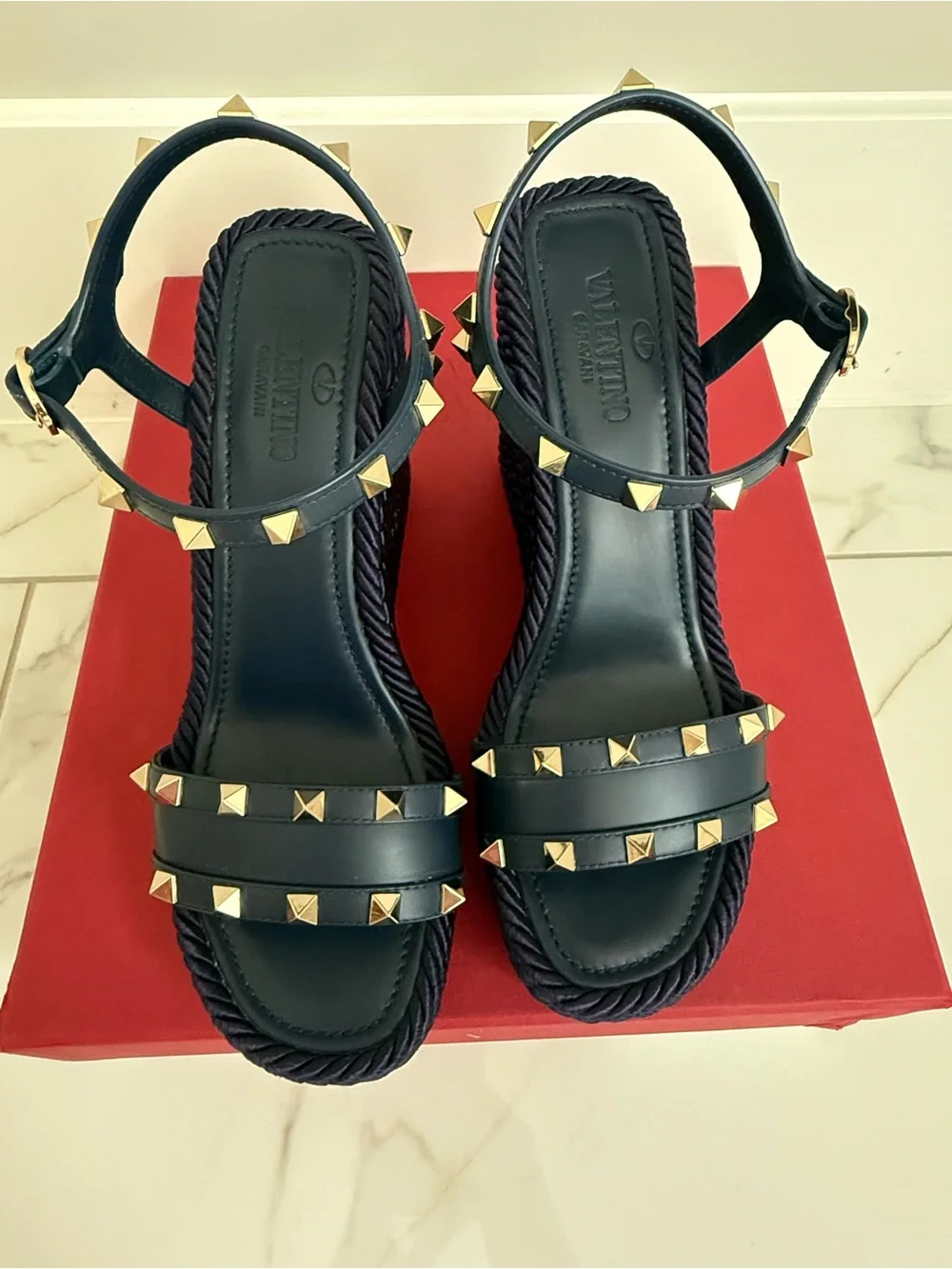 Valentino Navy Wedge Sandals with Gold Pyramid Studs